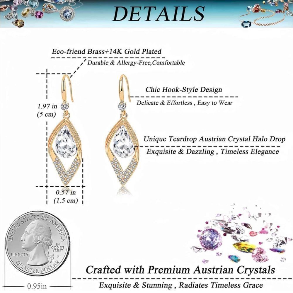 14K Yellow Gold with White Diamond Austrian Crystal Halo Leaf Teardrop Earrings - Picture 7 of 7